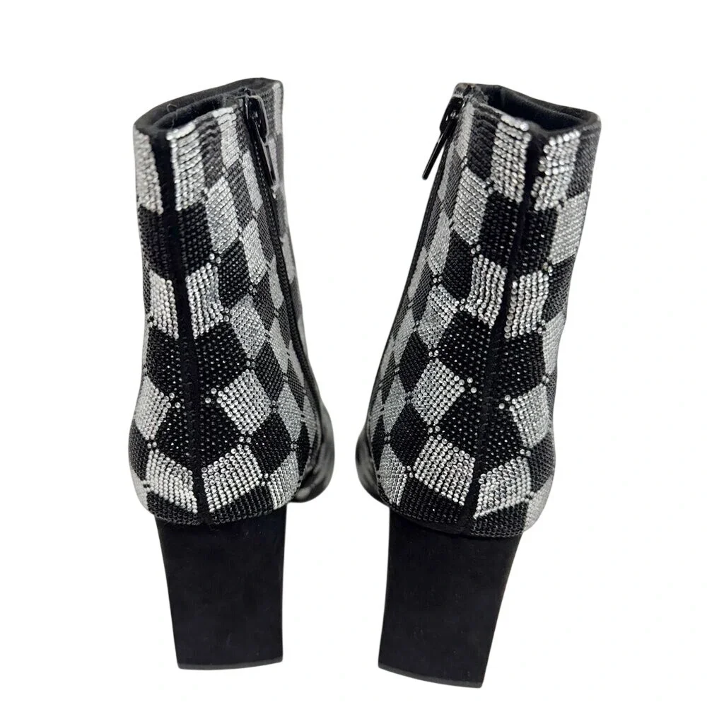 Wild Pair Ingriddd Rhinestone Checkered Ankle Boots Black Silver Block Heel 5M
